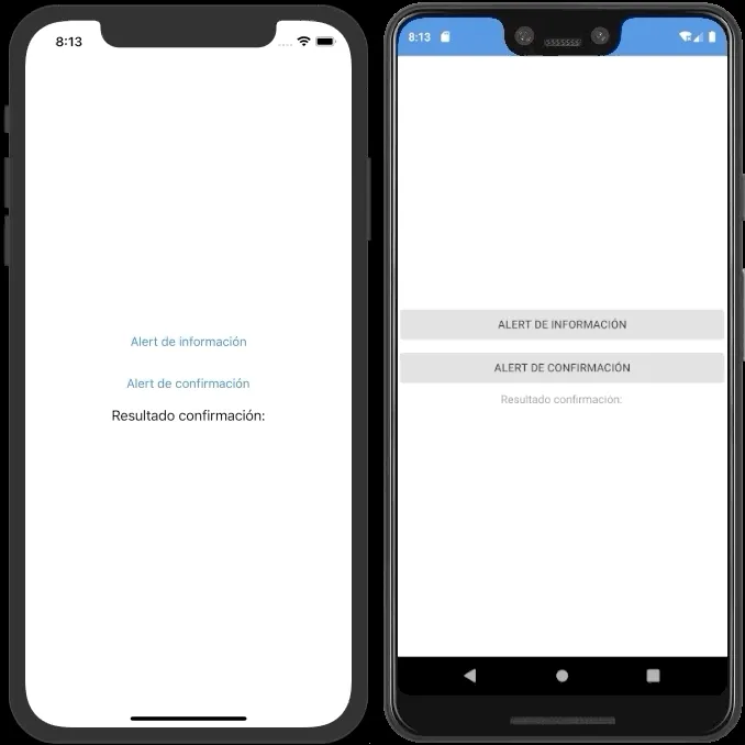 Gif en el que se muestra una demo del ejemplo que se va a crear, con dos diálogos de alerta, uno informativo y otro de confirmación