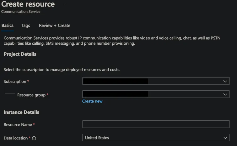 Datos necesarios para crear el servicio de comunicación en Azure
