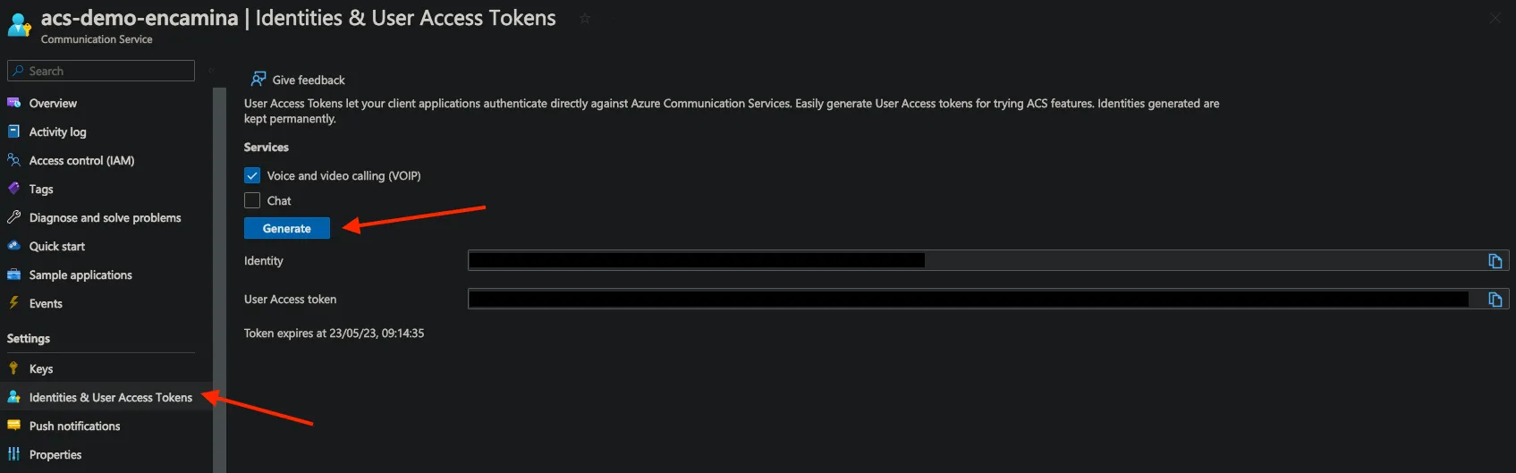 Generando un token de VOIP para Azure communication service en el portal de Azure
