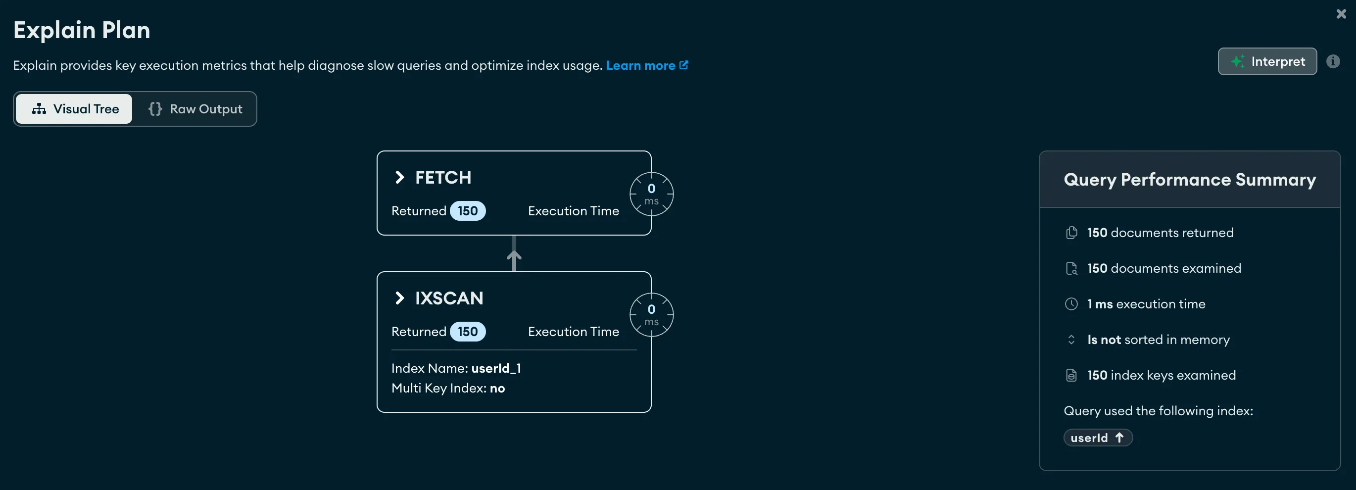 MongoDB Compass mostrando el plan de ejecución