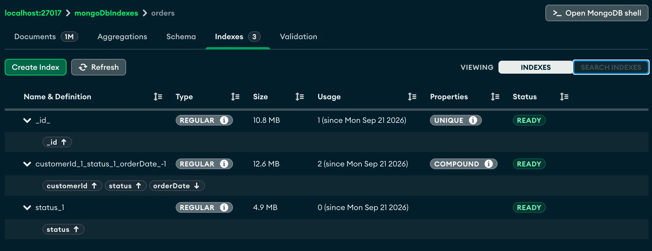 MongoDB Compass mostrando la pestaña Indexes
